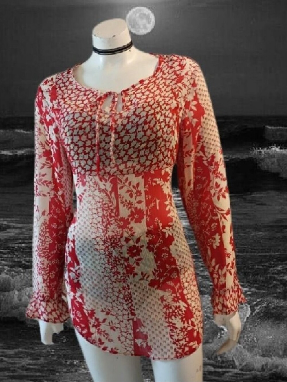 Retro Boho Style Susan Graver Cream & Red Sheer Patchwork Style Tunic Blouse S